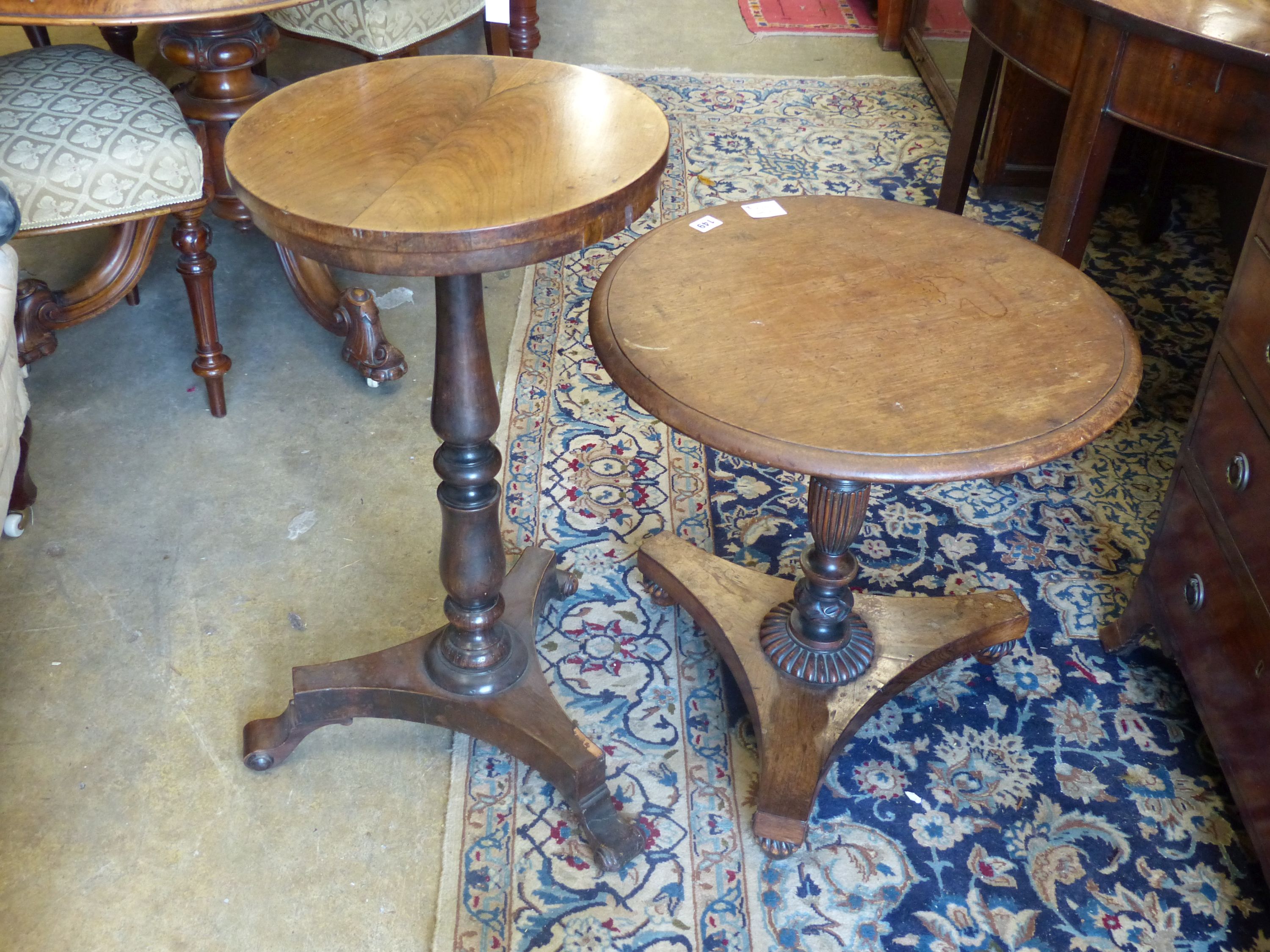 A William IV rosewood circular occasional table and another similar, larger 53cm diameter, height 54cm